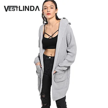 

VESTLINDA Back Lace Up Pockets Hooded Outerwear Autumn Women Fashion Casual Jacket 2017 Female Long Sleeve Knitted Cardigan Coat