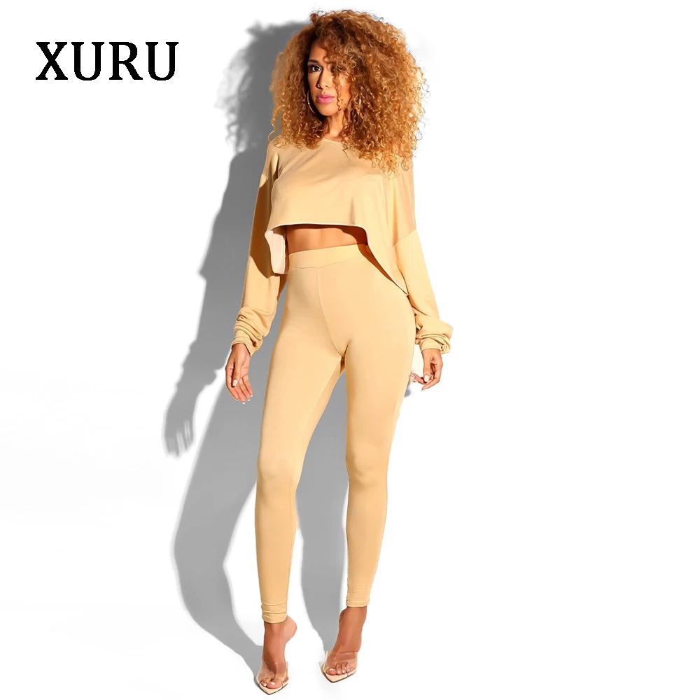 

XURU 2018 Autumn Yellow Gray Black Sapphire Slanted Shoulder Short blouse + Tight-fitting Pencil pants two-Piece suit Set Women'
