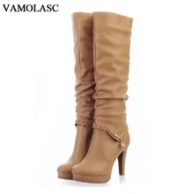 VAMOLASC New Women Autumn Winter Leather Knee High Boots Sexy Warm Square High Heel Boots Platform Women Shoes Plus Size 34-40