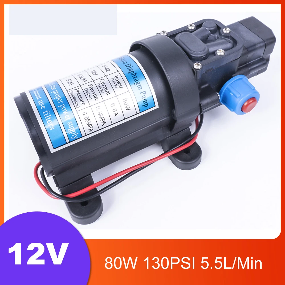 

DC 12V 80W 130PSI 5.5L/Min Water High Pressure Diaphragm Water Pump Self Priming Pump Automatic Switch For Garden Wagon Camper