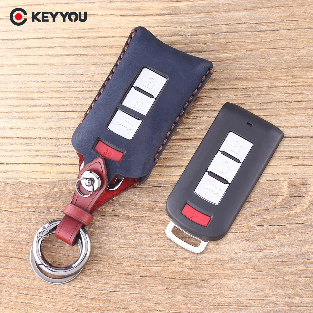 

KEYYOU Leather Key Case Protector Key Cover Bag 4 Buttons Remote Key Shell Fob For Mitsubishi Lancer EX Outlander Pajero
