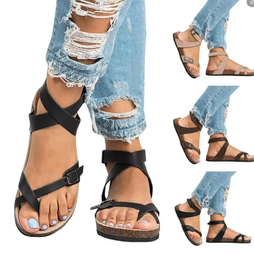 Basic Women Sandals 2019 New Women Summer Sandals Plus Size 43 Leather Flat Sandals Female Flip Flop Casual Beach Shoes Ladies