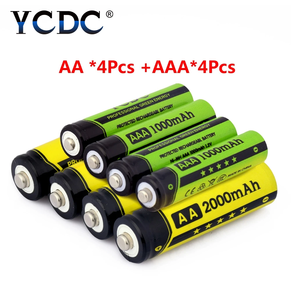 

YCDC Original 4 Pcs/box 1.2V 2000mAh NI-MH AA Rechargeable Battery + 4Pcs nimh 1000mAh AAA Batteries with Cells Hold Case Box