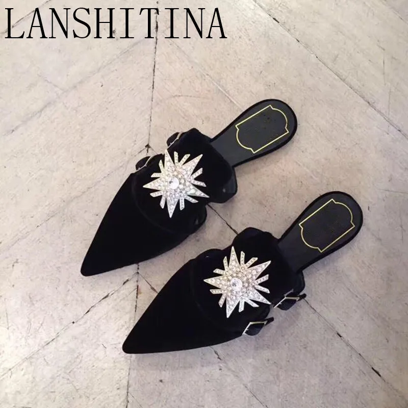 

Brand luxury famous designer 2018 new Muller shoes Europe and America leather Baotou pointed rhinestone shoes women