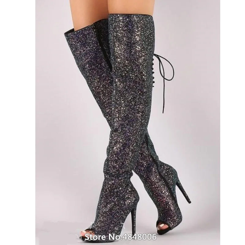

Solid Bling Bling Woman Stage High Heels Over The Knee Boots Sexy Cross-tied Open Toe Summer Boots Female Banquet Cool Shoes