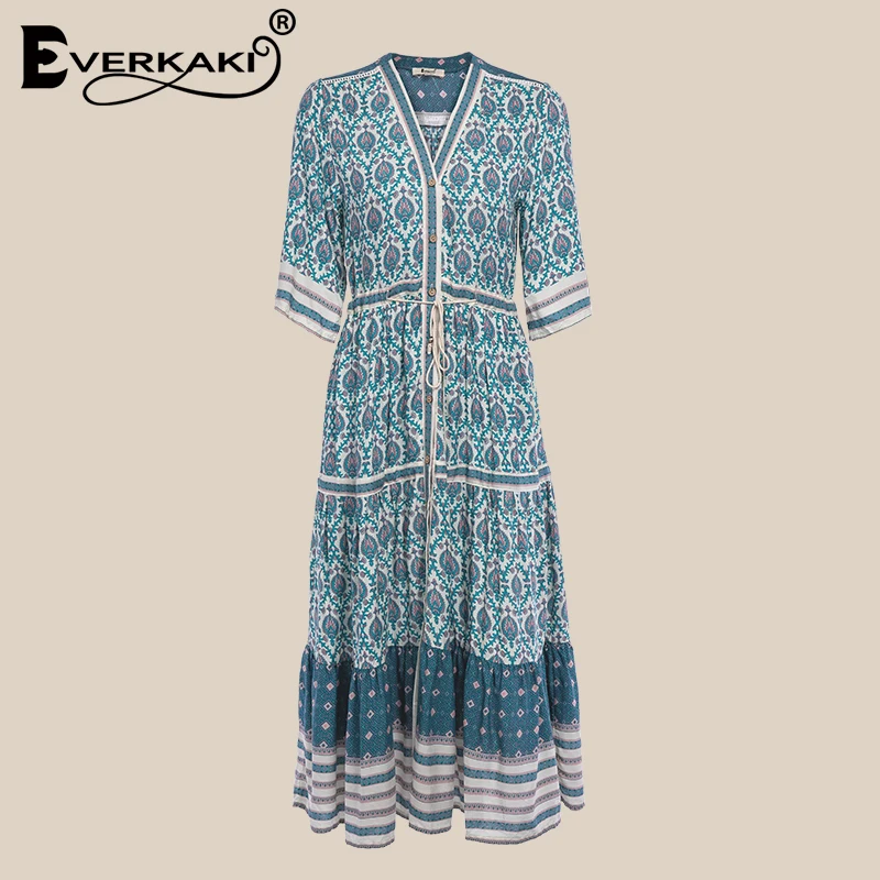 Goedkoop Everkaki Vrouwen Boho Bloemenprint Button Sjerpen Lange Jurk V hals Verstelbare Taille Gebonden Bohemian Jurken 2018 Lente Zomer Nieuwe