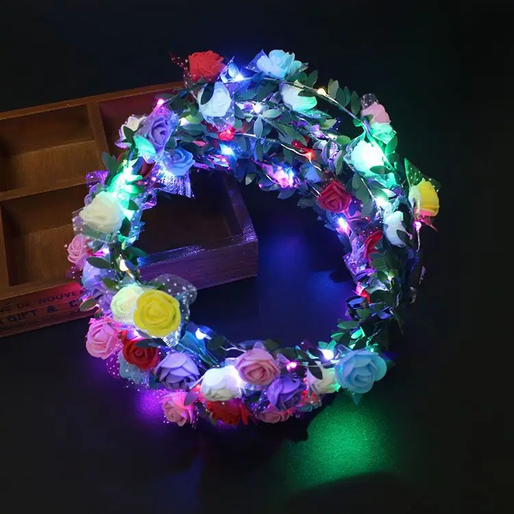 

1pc Flashing LED Glow Flower Crown Headbands Light Party Rave Floral Hair Garland Wreath Wedding Flower Girl Headpiece Deco DS19