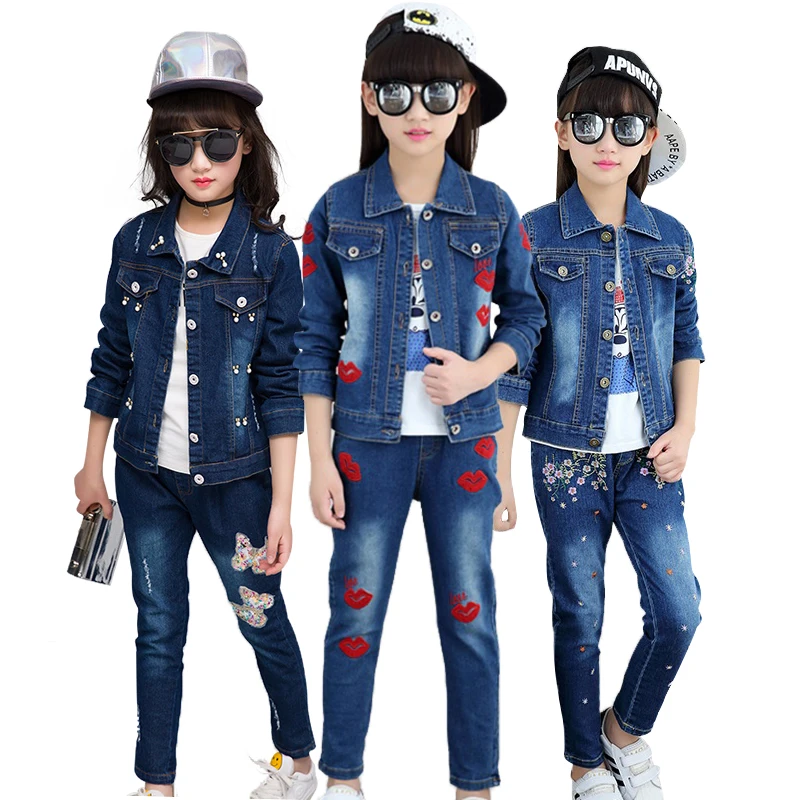 

Teen girl denim suit Spring autumn multiple styles personality Lip print butterfly embroidery color print children's denim suit