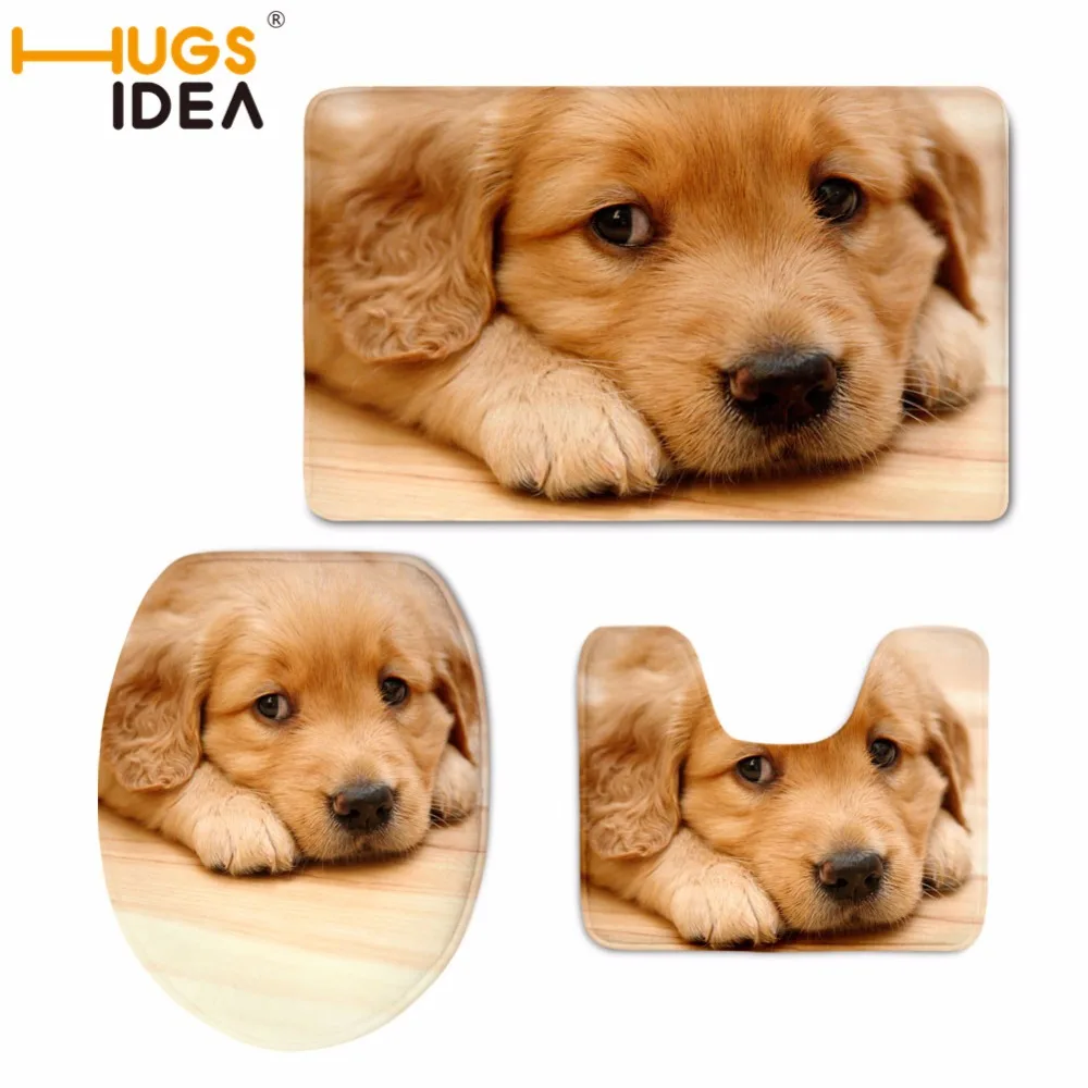 

HUGSIDEA Indolent Dog Printed 3PCS Set Toilet Seat Cover & Rug Bathroom Set Christmas Decor Comfortable Overcoat Toilet Case