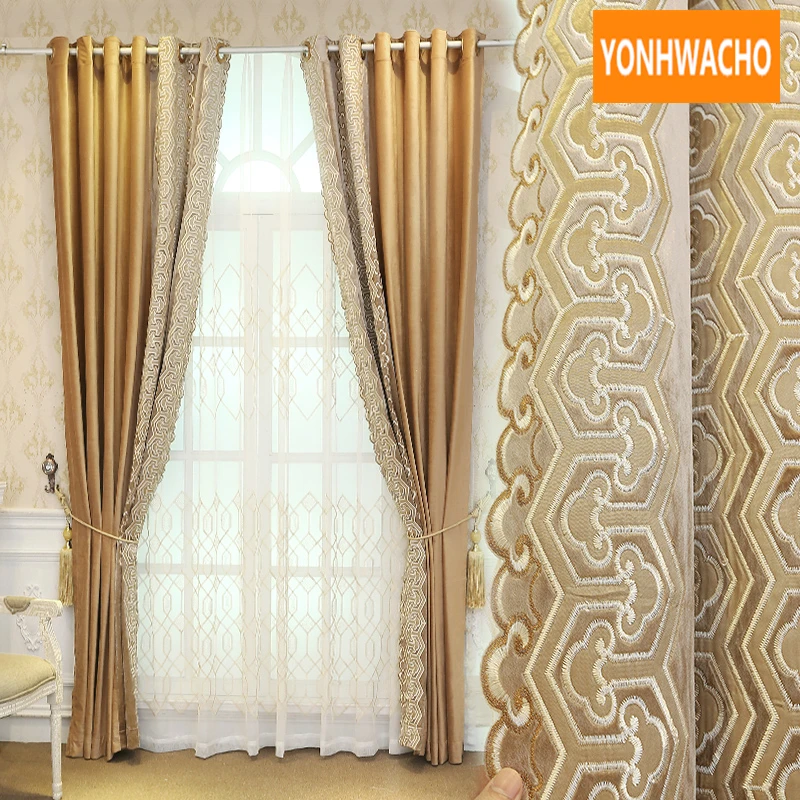 

Custom curtains postmodern Chinese livingroom high-grade flannel embroidered gold velvet cloth blackout curtain tulle drape B437