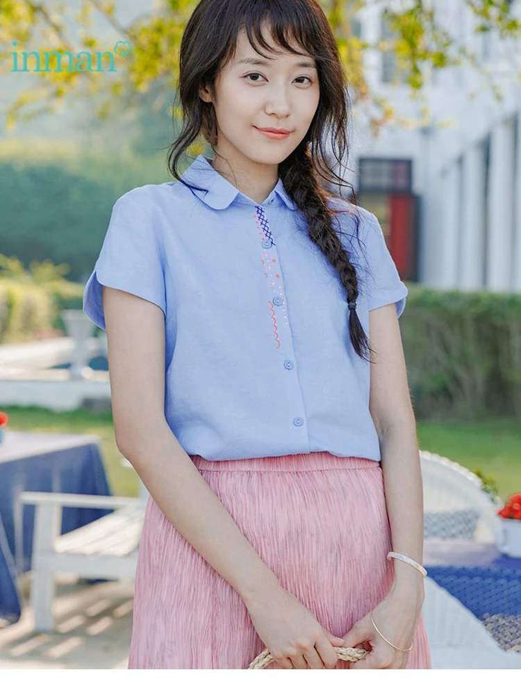 Kopen Inman Vrouwen Bloemen Geborduurd Katoen En Linnen Korte Mouwen Linnen