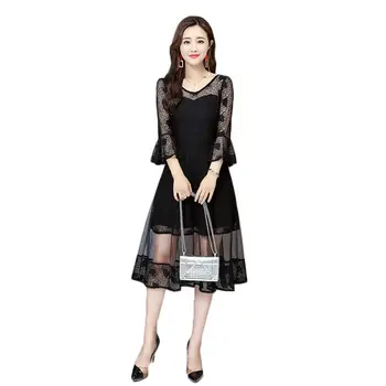 

M-5XL Korean Robe Hollow Lace Mesh Patchwork Dress 2019 Summer New Large Size Ladies Long party Dress Slim Fashion vestido f580