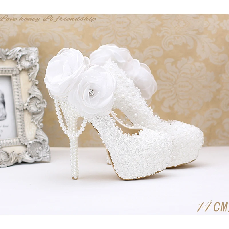 Lace pearl white flowers bridal shoes thin high heel platform shoes with pearl pendant round/pointed toe wedding shoes