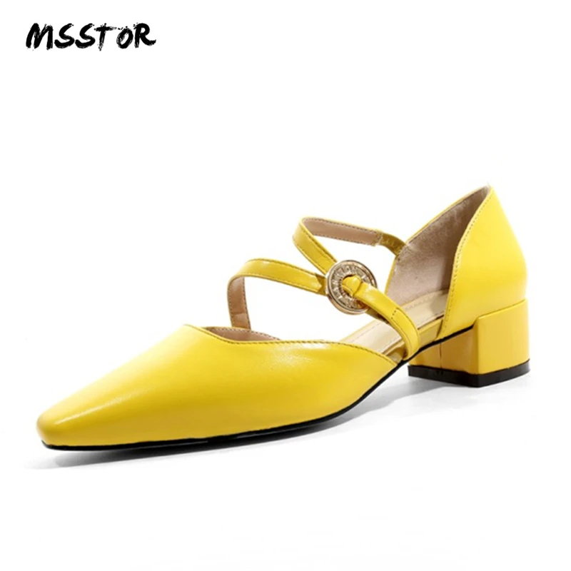 

MSSTOR Square Toe Yellow Sandals Cross-tied Genuine Leather Fashion Solid Casual Party Heels Sandals Buckle Summer Shoes Women