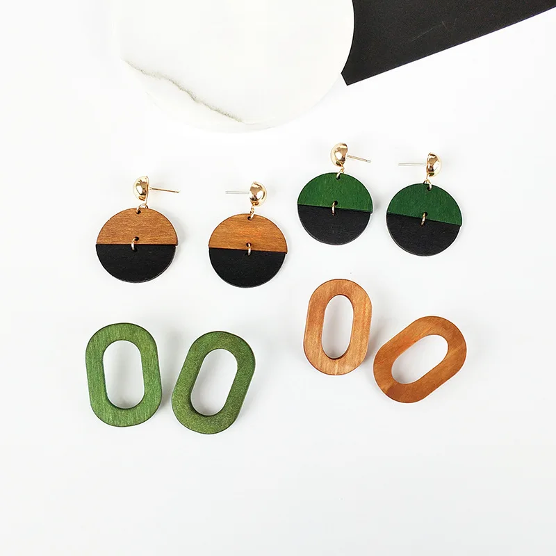 

Japanese And Korean Retro Simple Wooden Geometric Oval Earrings Girl Jewelry