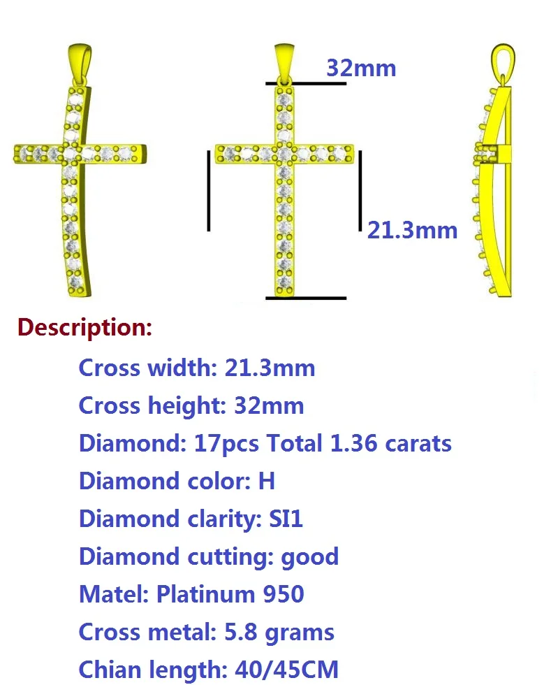 

Starfield 950 Platinum Diamond Cross Pendant Necklace for Lady 17pcs Total 1.36 Carats Natural Diamond with 45CM Chain Custom