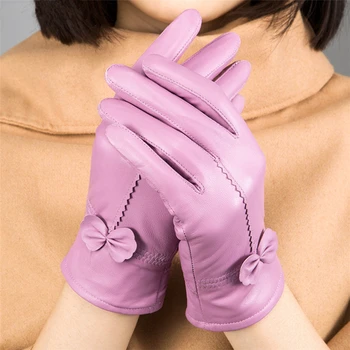 

YRRETY 2018 New Fashion Women Warm Genuine Sheepskin Gloves Wrist Lace Bow Solid Women Leather Thermal Faux Rabbit Fur Glove