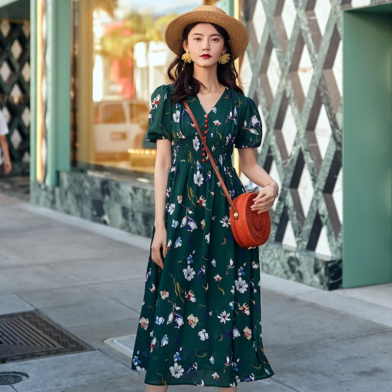 

High Street Fashion V-neck Floral Dress Woman Long Summer Dresses 2019 New Korean Style Elastic Hiigh Waist Women Dress