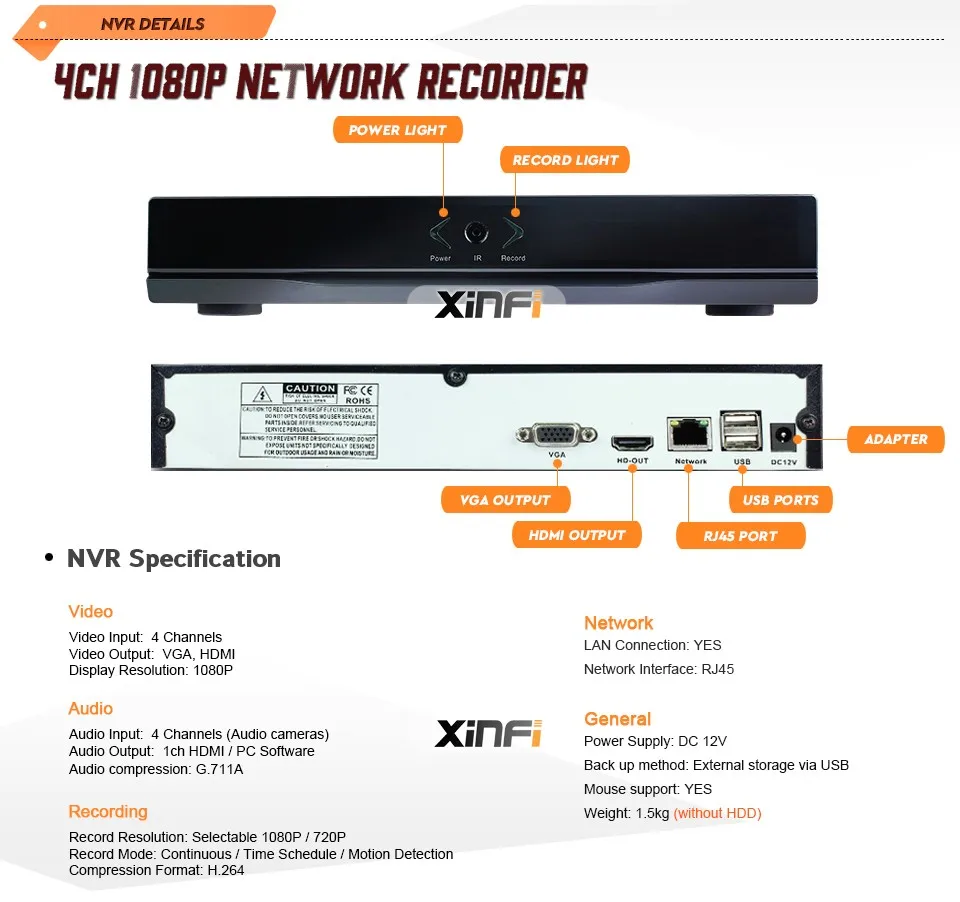 Xinfi 4ch NVR Full HD 4 канала безопасности автономный видеонаблюдения NVR 1080 P Onvif 2.0 для IP Камера Системы 1080 P Регистраторы