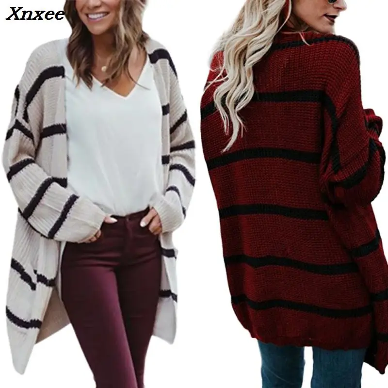 Autumn Winter Women Medium And Long Style Ladies' Street Fashionable Long Striped Knitted Cardigan Outerwear With Pocket Xnxee