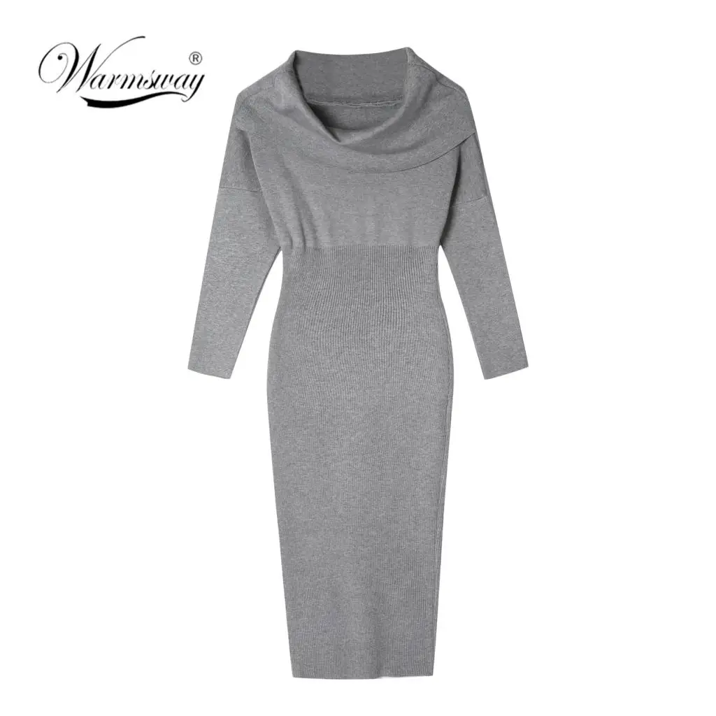Warmsway 0.53kg Celebrity Brand Quality Ribbed Knit Bodycon long Dress Fall Winter Off Shoulder Mid-calf sweater Dress C-156
