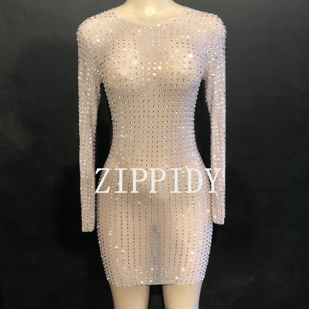 

Sexy Full Rhinestones Mesh Short Dress See Through Women's Fashion Nightclub Dress Stage Female Singer Show Birthday Party Dress