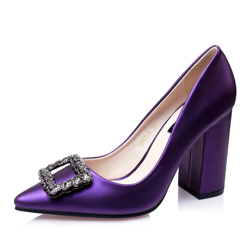 

High heels women shoes work trend shoes woman square buckle diamond tip OL shallow mouth ladies shoes female heels