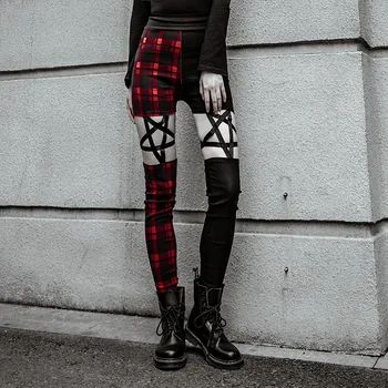 

New Fashion 2019 Autumn Punk Gothic Women Pants Leggings Hollow Out Cross Elastic Band Plaid Pants Dropshipping 1127-50