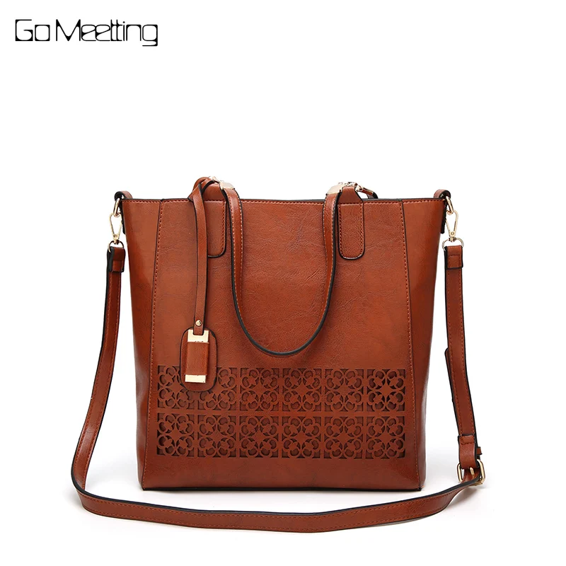 

Go Meetting Hollow Out Design Women bag Oil wax Leather Ladies Handbags Luxury Shoulder Messenger Bags Big Tote Sac Main Femme