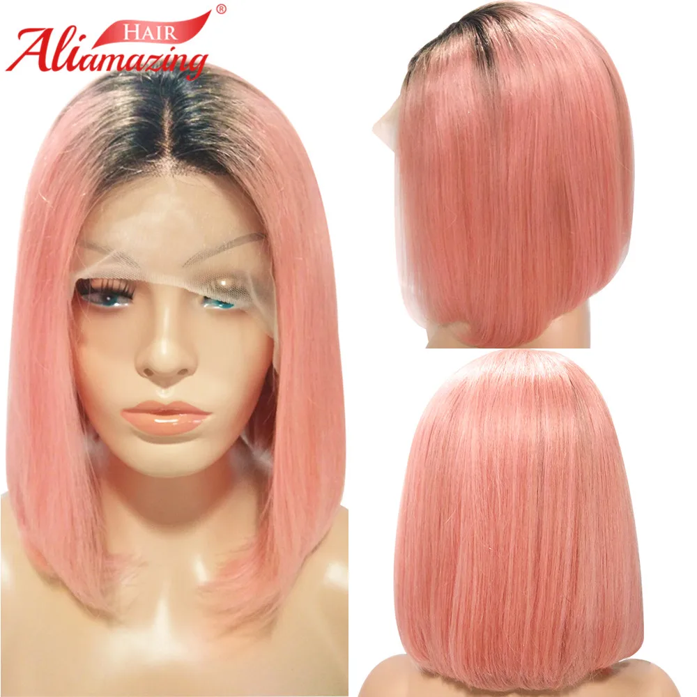 Али удивительные волосы темные корни розовый короткий Боб Синтетические волосы на кружеве человеческих волос парики предварительно