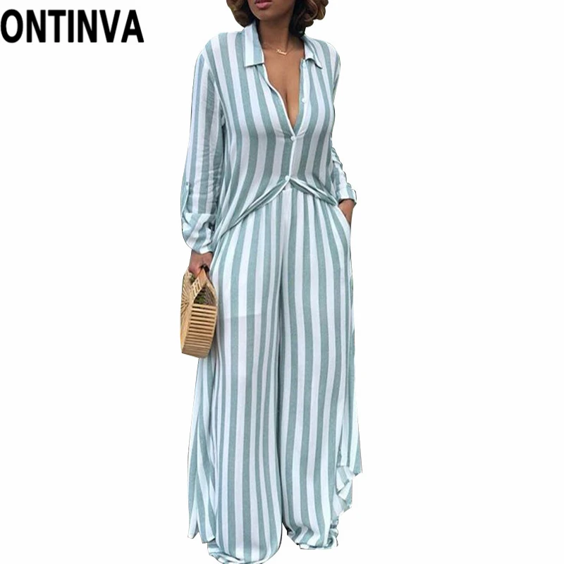 Women Striped Casual 2 Piece Set Loose X Long Shirt Tops And Wide Leg ...