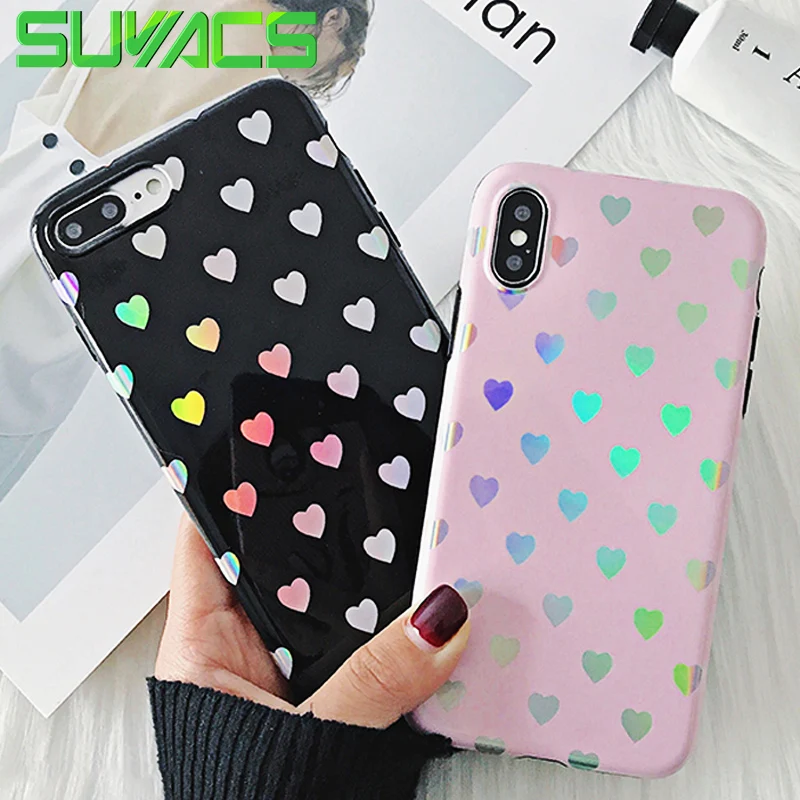 

SUYACS Rainbow Holographic Iridescent Multiple Love Phone Cases For iPhone 6 6S 7 8 Plus X Glossy Soft IMD Phone Back Cover Bag