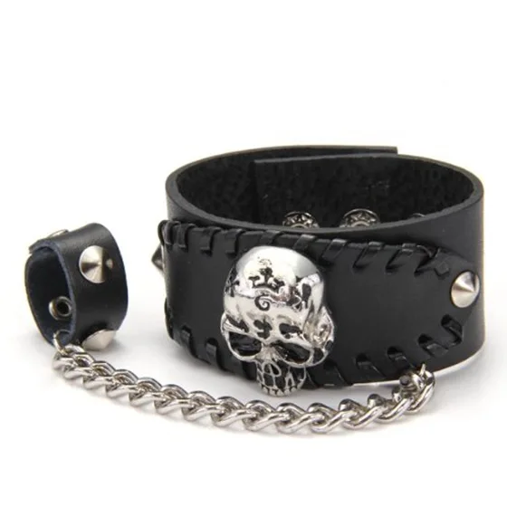

Metal Goth Skull Chain Leather Finger Bangle Cuff Bracelet Wristband Men