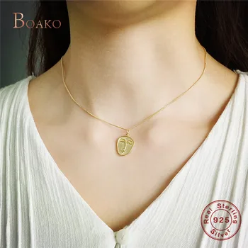 

Korea 925 Sterling Sliver Abstract Face Pendant Chokers Necklace for Women Minimalist Gold Coin Disc Chain collier Jewelry Z4