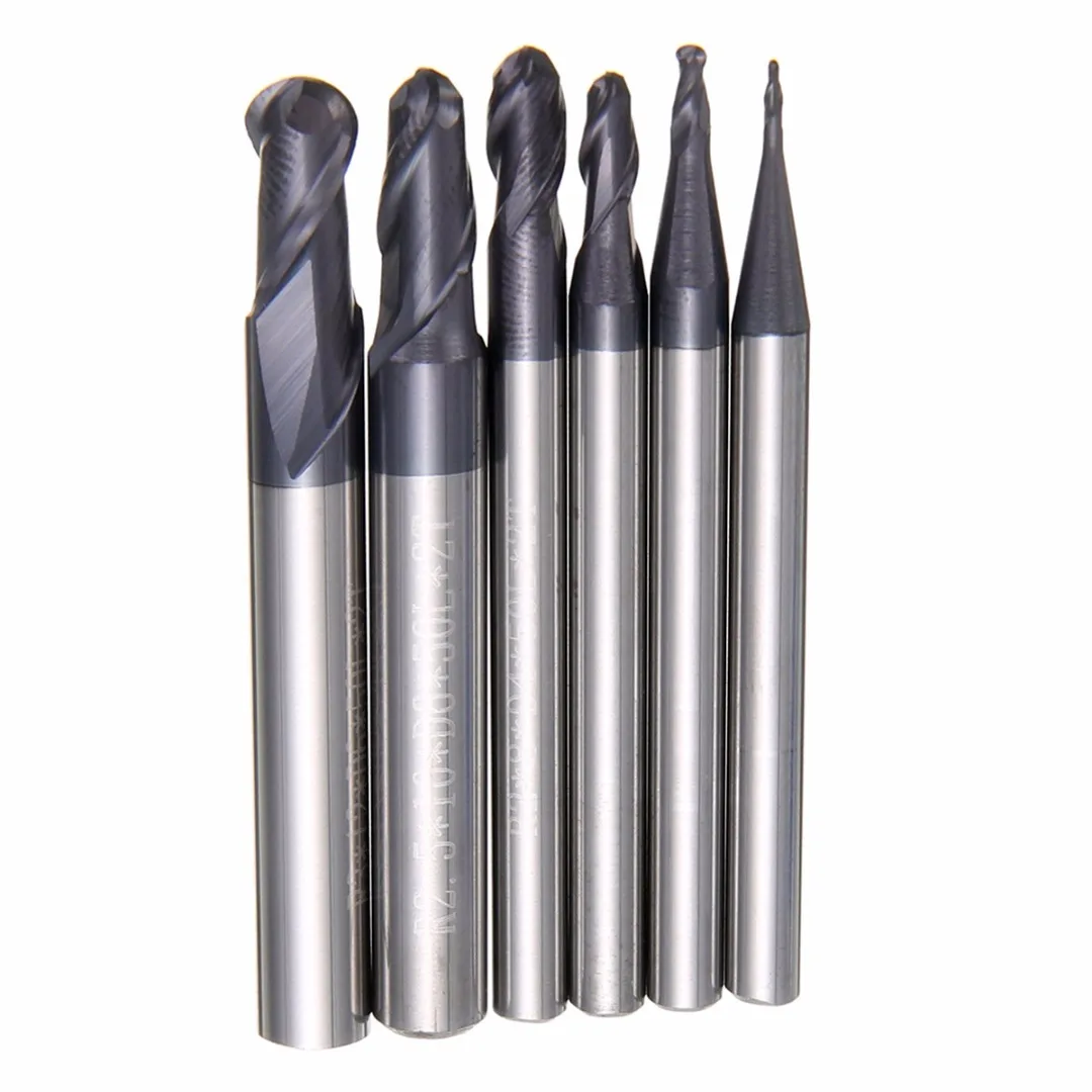 6pcs Ball Nose 2 Flute End Mill Set Solid Carbide CNC Milling Cutting Bit Nitrogen Coated R0.5/1.0/1.5/2.0/2.5/3.0mm