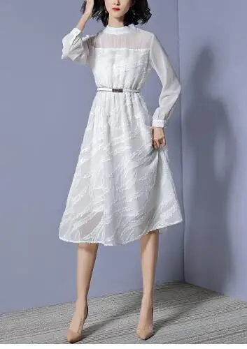 Весеннее новое женское элегантное белое кружевное шифоновое платье с длинным рукавом до середины икры тонкое платье офисное женское платье для работы на выход - Цвет: Белый