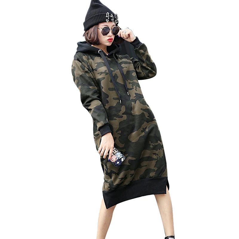 

2019 New Long Camouflage Hoodie autumn and winter Hoodie thick warm Loose Large Size Dress Hoodie women