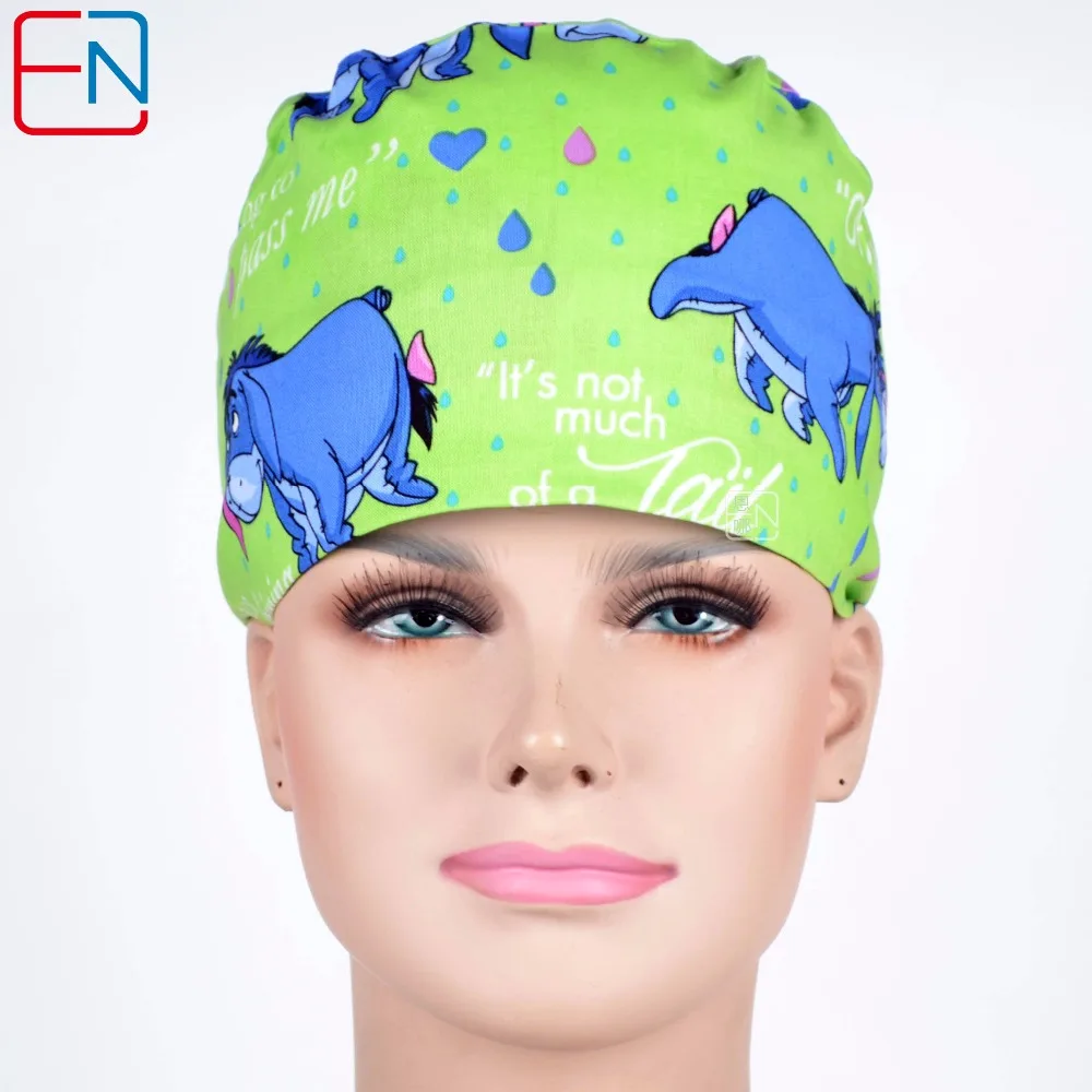 Hennar Doctor Scrub Hats Mask Women Green Cartoon Print Surgical Hats
