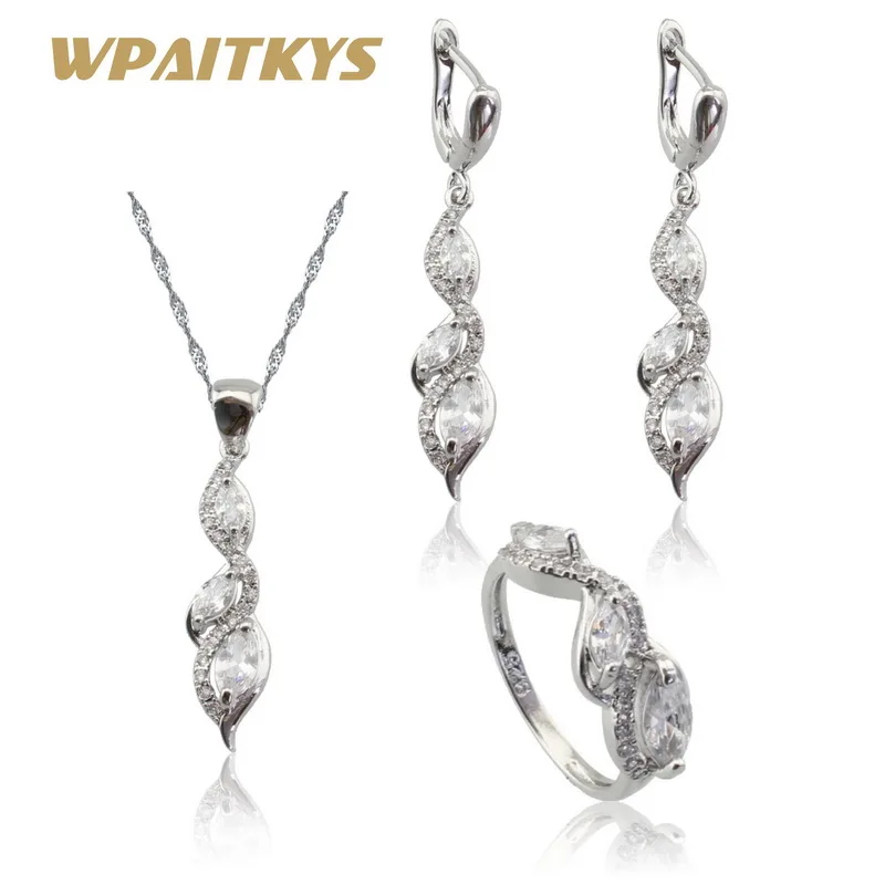 

White Cubic Zirconia Silver Color Jewelry Sets Women Wedding Long Earrings Necklace Pendant Ring Free Gift Box