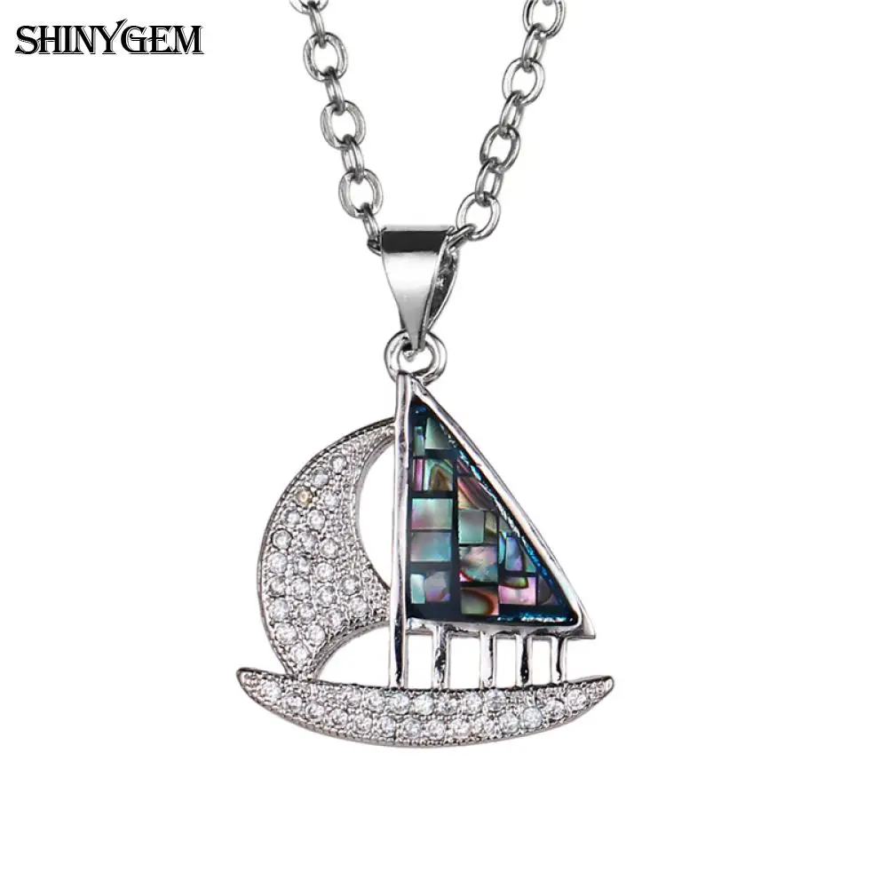 ShinyGem Sailing Boat Pendant Necklaces Rainbow Thin Slice Shell