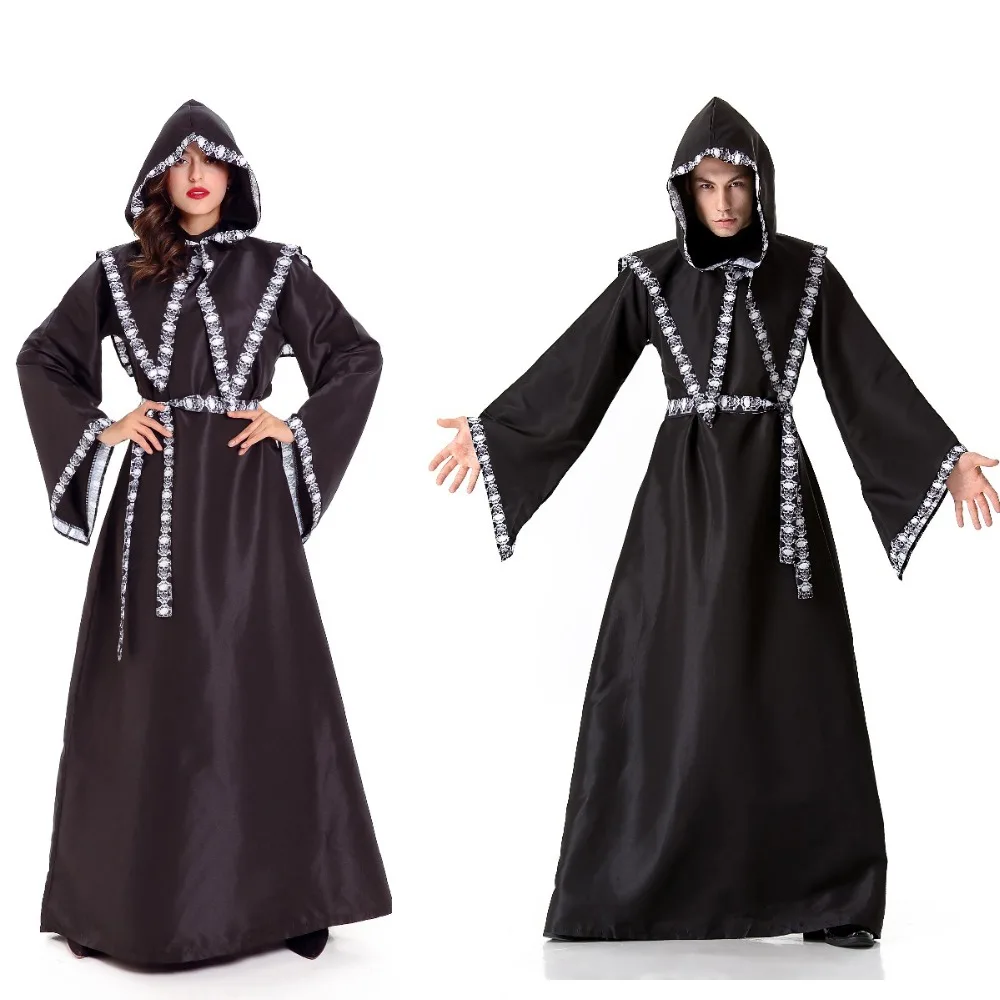 Women and mens Halloween costume Adult Gothic Death Wizard Witch Cloak