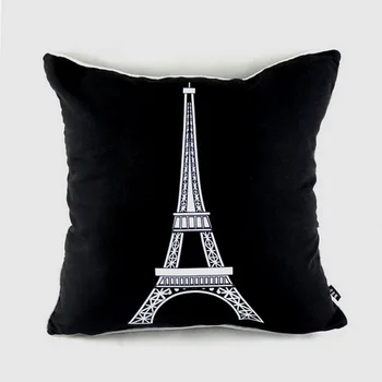 

18"*18" Zakka Vintage Black White Eiffel Tower Print Microfiber Throw Cushion Cover for Sofa Home Decor