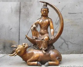 

Tibet Buddhism old Bronze kwan-yin ride ox cattle see moon Lucky Buddha Statue