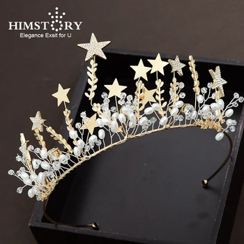 

HIMSTORY HAndmade Stars Crowns With Earrings Tiara Crown Wedding Hair Accessories Bridal Hair Jewelry Tiaras Pearl Women Diadem