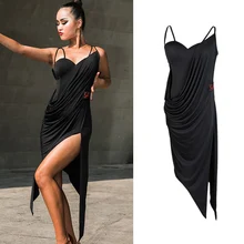 Платье для латинских танцев, женское черное платье на бретельках, сексуальное платье с открытой спиной и неровным разрезом, для взрослых, сальса, Самба, ча-ча, одежда для соревнований, DN3985