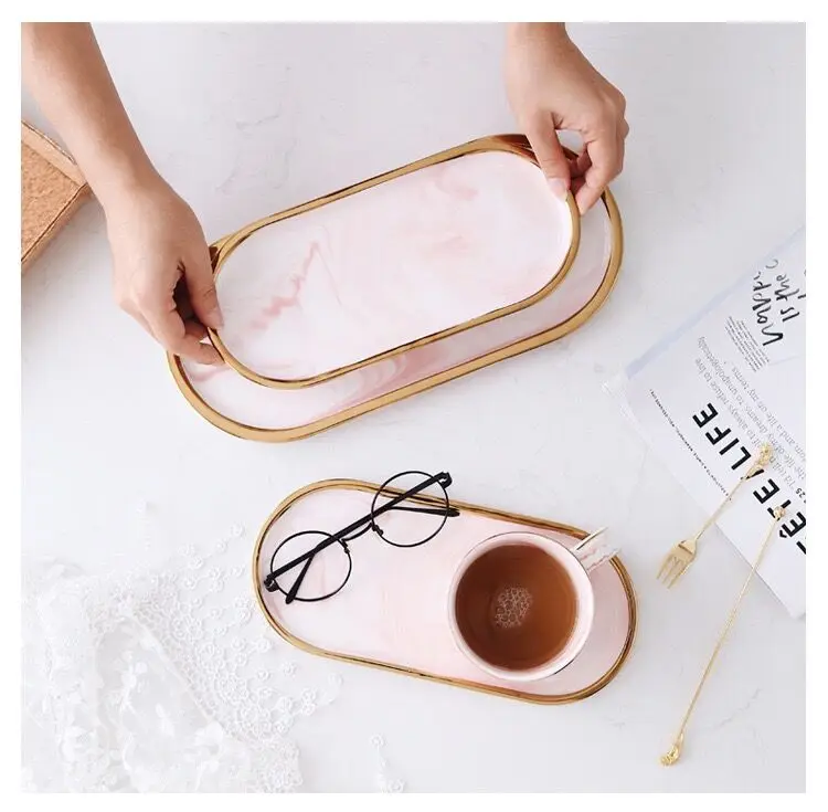 

New pink blue black marble tray Storage Tray Gold Oval Dotted Fruit Plate Small Items Jewelry Display Tray Mirror bandeja