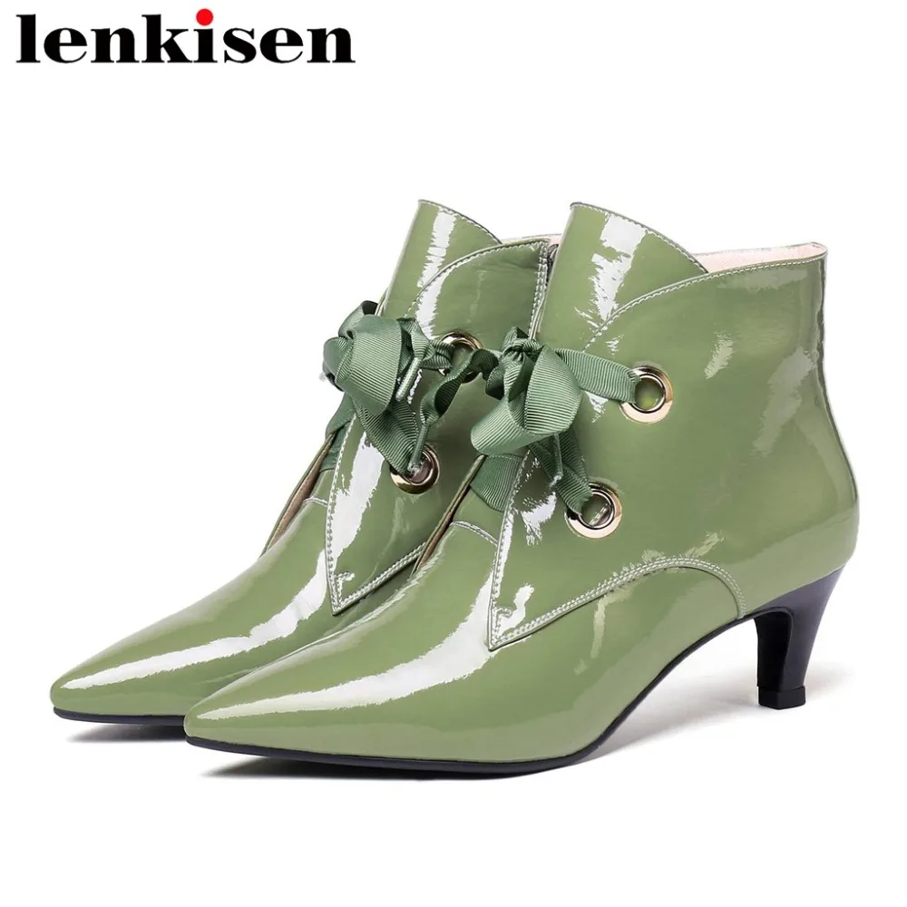 

2018 concise design gorgeous ribbon oxford pointed toe med kitten heels zip big size cow patent leather british short boots L2f2