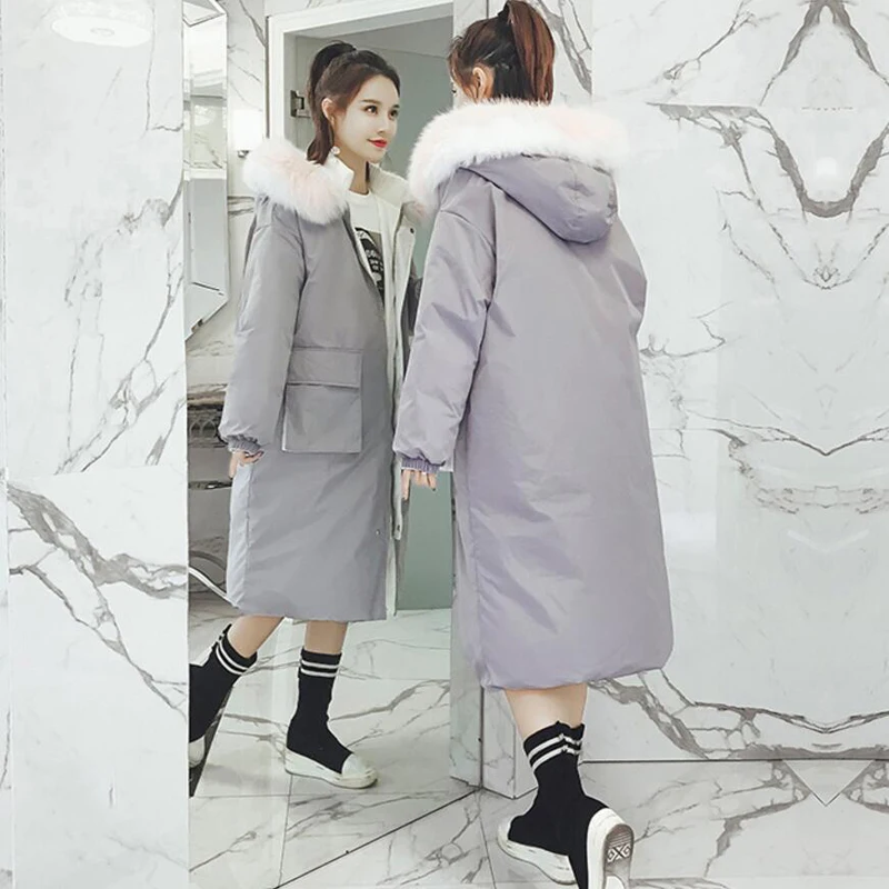 Both Sides Wear Women Long Winter Jacket Thicken Warm White Duck Down Coat Women Winter Fur Collar Hooded Outwear Coat YP1231