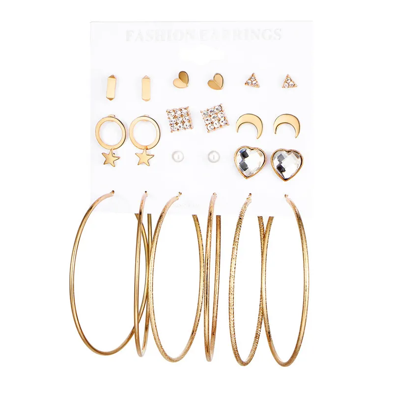

Fashion Stud Earring Set Mix for Women Gold Silver Color Geometric Crystal Heart Triangle Star Moon Big Round Circle Brincos NEW
