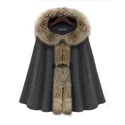 Для женщин Повседневное пальто-накидка с капюшоном шерсть темно-серый коричневый плащ пальто осень-зима с роговыми пуговицами рукав